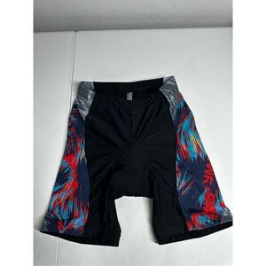 Nooyme Cycling Shorts Womens Size L Padded Reflective Logo Mid Thigh Black Blue